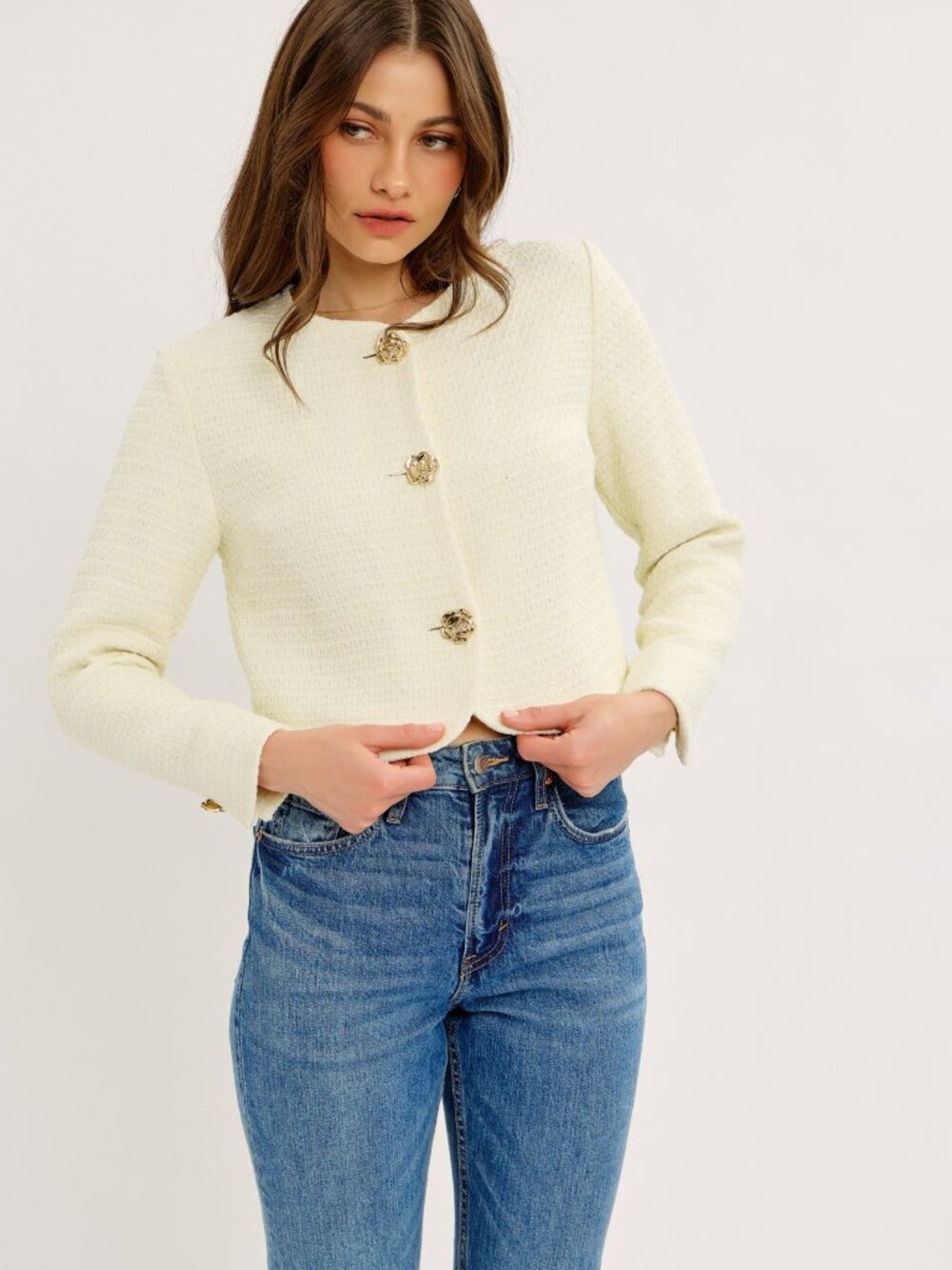 NWT Classic Ivory Cream Tweed Style Summer Camellia Gold Tone Buttons Jacket